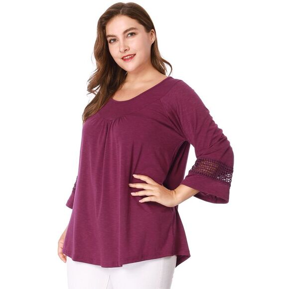 Women's Plus Size Crochet Panel Kimono Raglan Sleeves Tops Purple - Picture 2 of 6